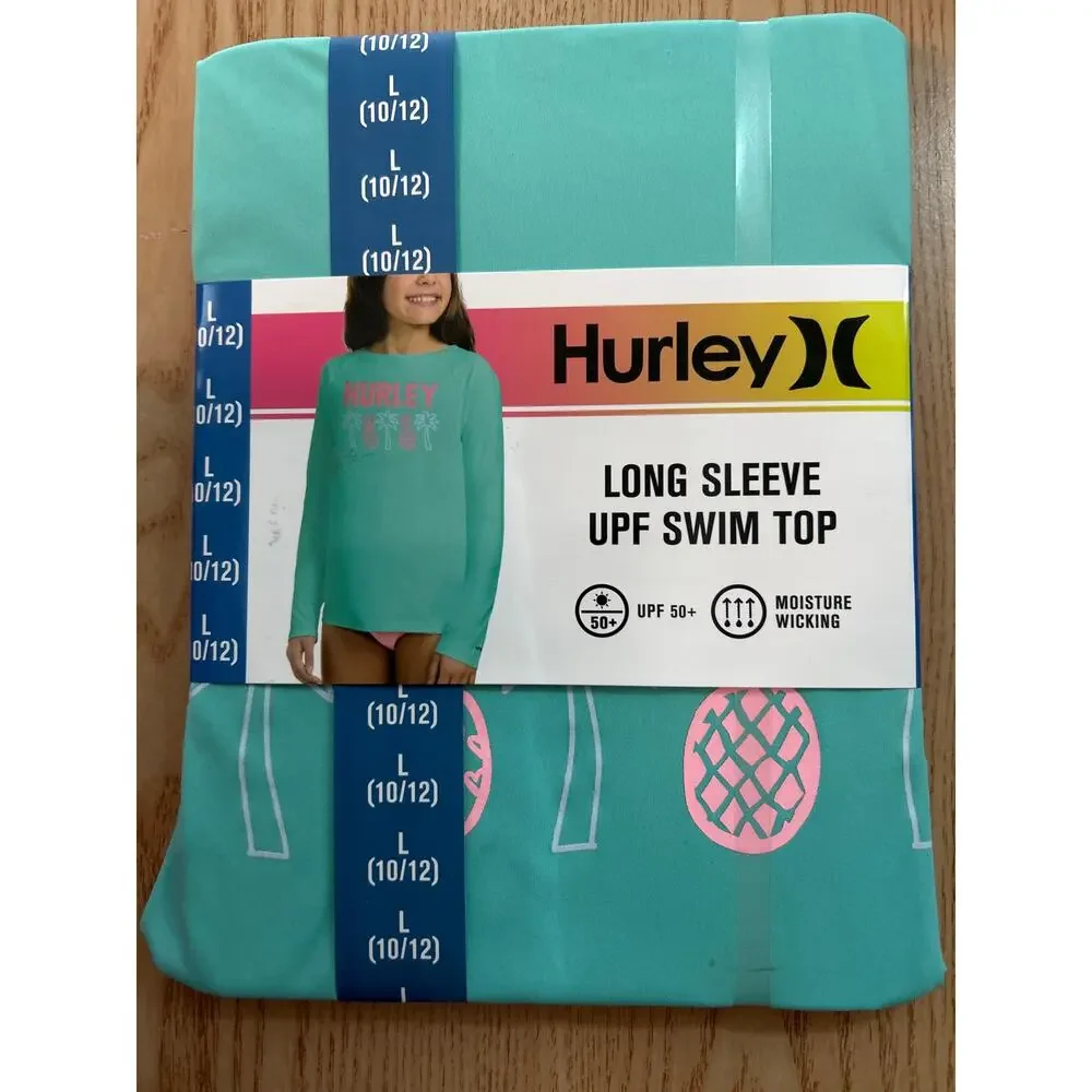 New Girls Hurley Tropic Print Swim Top Long Sleeve UPF 50+ Turquoise Large 10-12